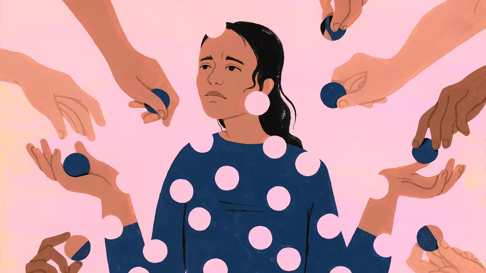 Illustration of a weary woman handing pieces of herself to outstretched hands around her